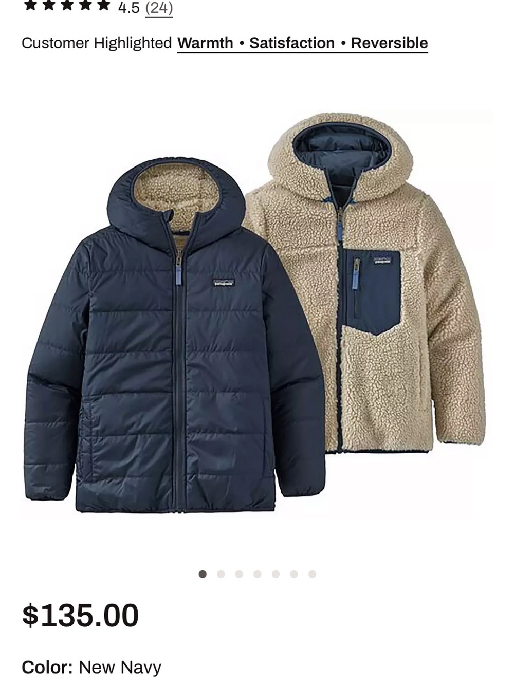 Patagonia Ready Freddy Kids XXL Navy Hooded Reversible Jacket
